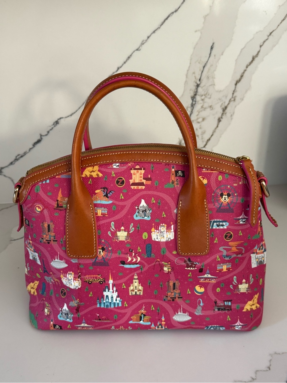 Dooney & Bourke Disney Park Maps medium Coated Canvas Satchel with Tan Trim - Picture 3 of 7